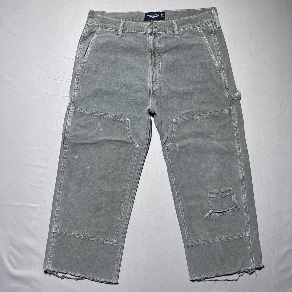 Abercrombie & Fitch Authentic Rigid Baggy Pants Men 34x24 Green Denim Distressed